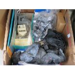 Two boxes containing King Kong figure, railway track scenery, stainless steel clips, purses and bags