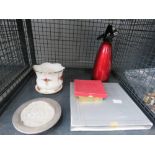 cage containing Royal Albert crockery, soda siphon, silver plated dish and coffee bean coffee spoons