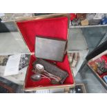 (2) Box containing silver cigarette case, loose teaspoons and mesh purse