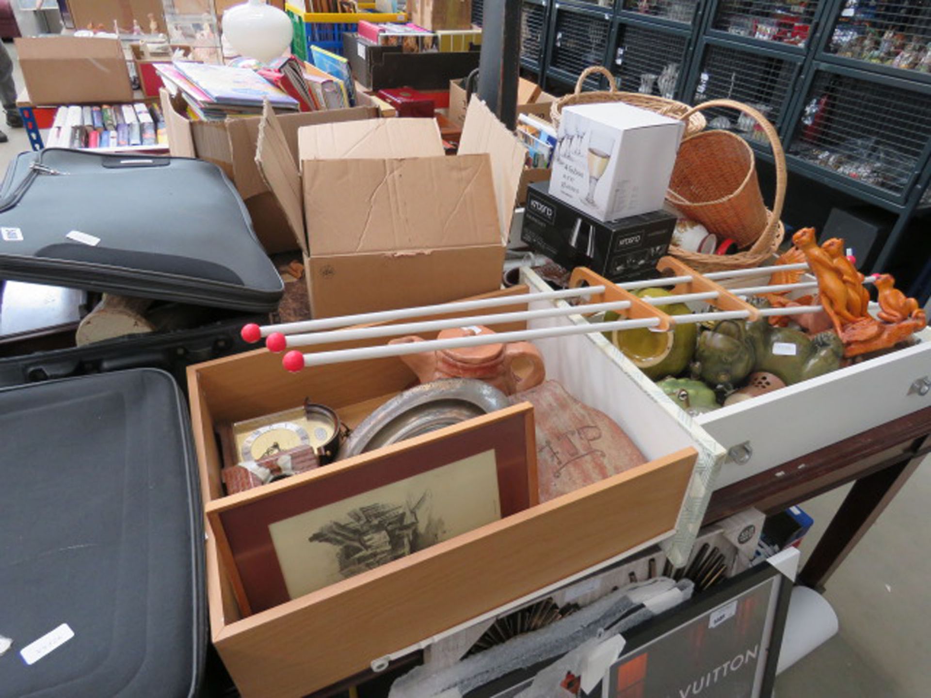 4 boxes and 2 suitcases containing silver plate, pottery, die cast toys, binoculars, prints, rack
