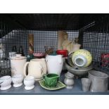 Cage containing Denby crockery, plaster figure of Japanese lady, pewter ware, table lamp, Beswick