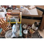 4 boxes containing beer steins, ornamental cat, household goods, prints, table lamps, Bart Simpson