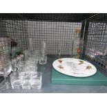 Cage containing tumblers and sherry glasses plus novelty whisky bottle and collectors plate