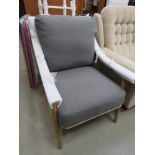 Oak armchair with grey fabric seat and cushion