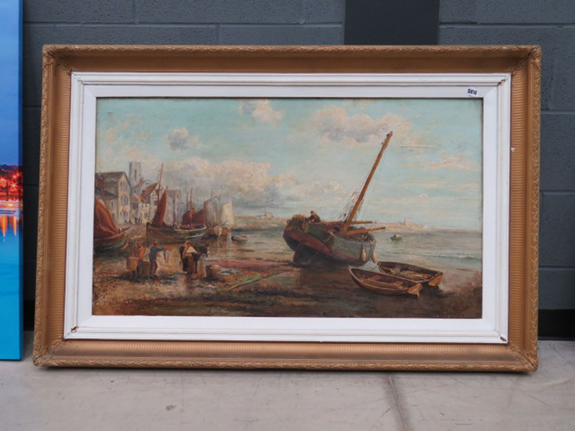 328 (4/6) English School, late 19th/early 20th century,A study of a busy fishing harbour, unsigned,