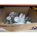 2 boxes containing quantity of floral patterned Bavarian crockery plus decanters and general