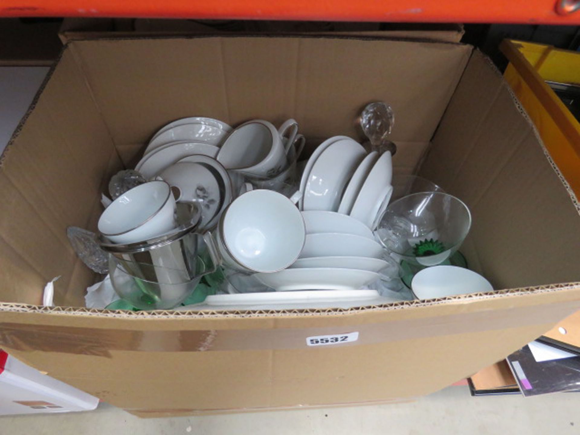 2 boxes containing quantity of floral patterned Bavarian crockery plus decanters and general