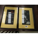 Pair of framed and glazed oriental paintings - the Pagoda and Stork