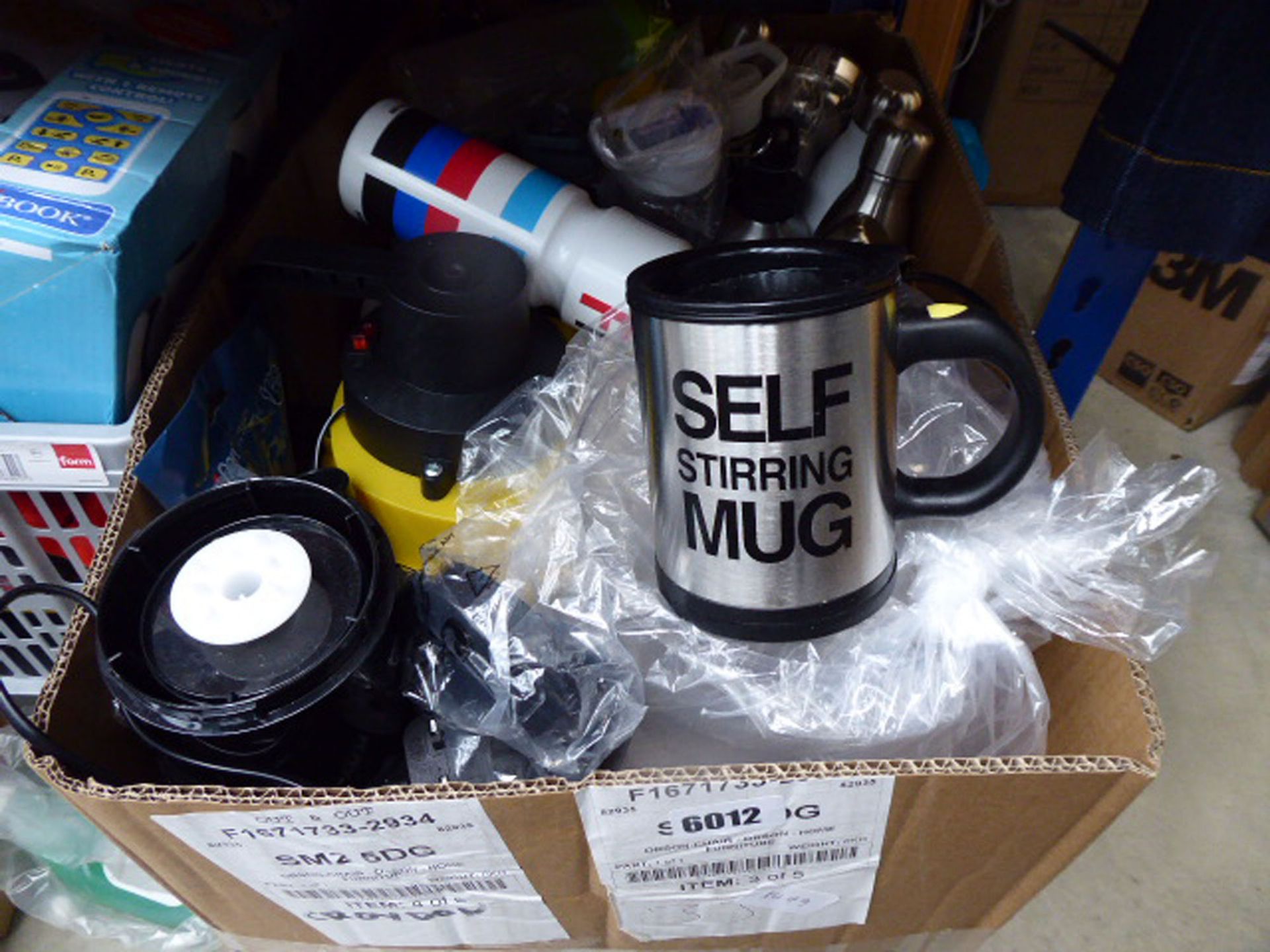 Box containing various bottles, cups, kitchen ware etc