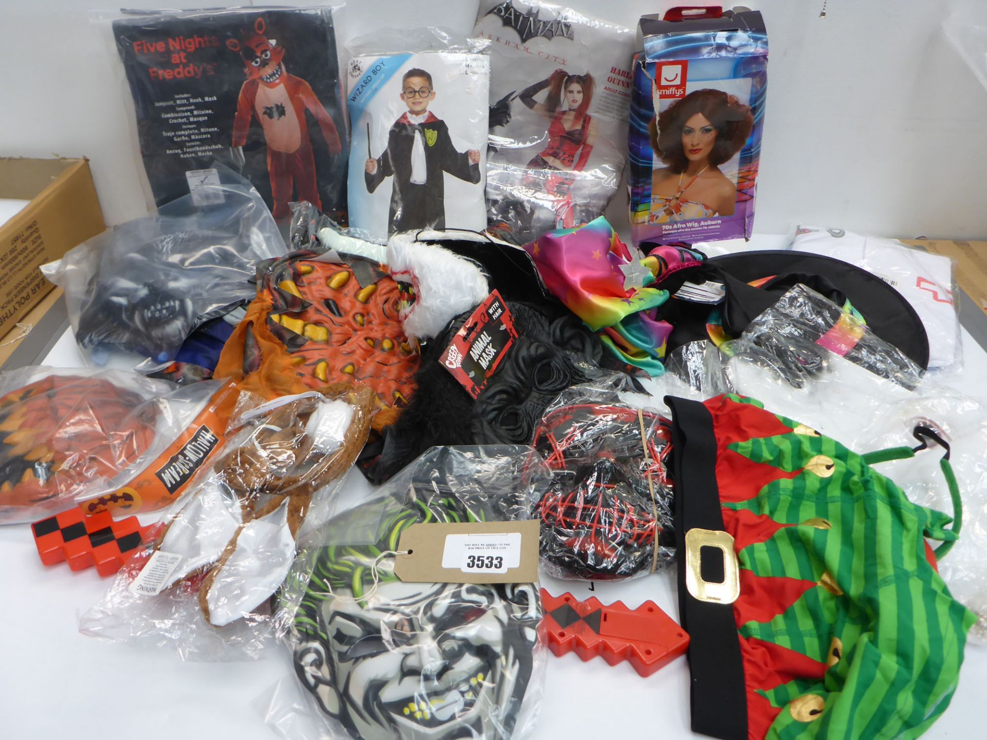 Selection of fancy dress costumes, masks, wig etc