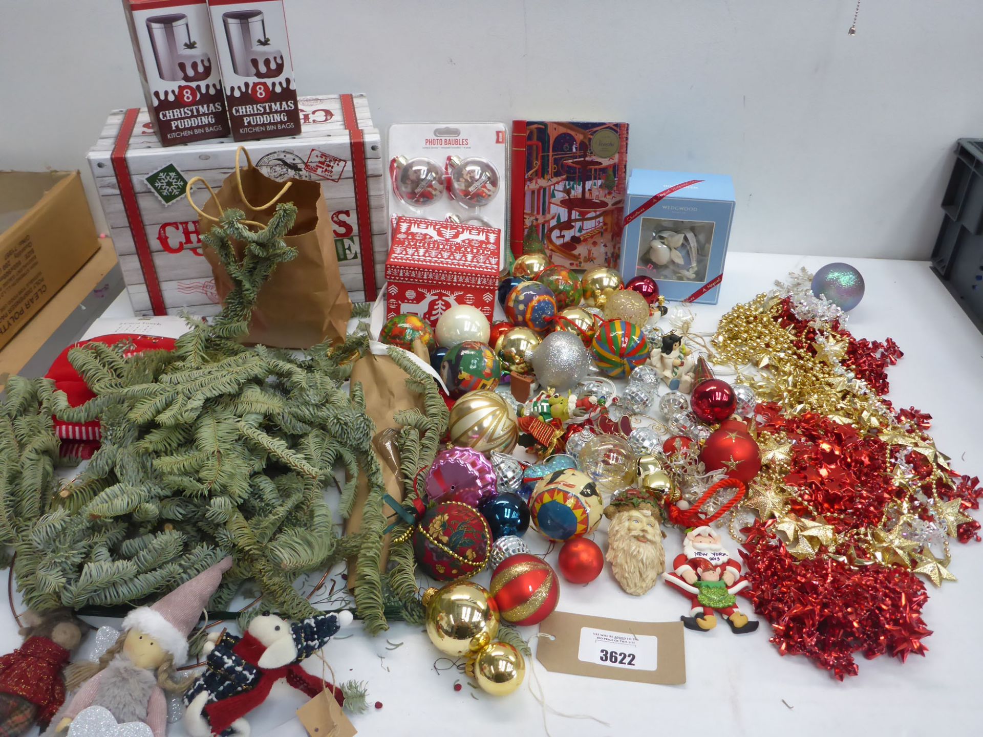 Selection of Christmas tree decorations, Gift boxes, Christmas pudding bin bags etc
