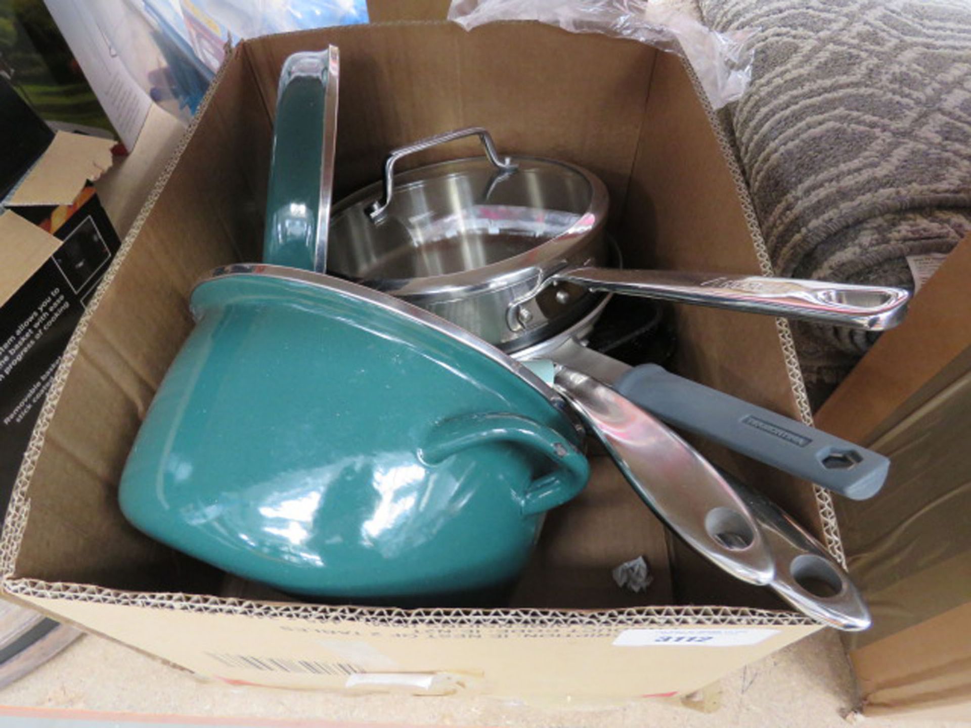 Box containing pots and pans (used)