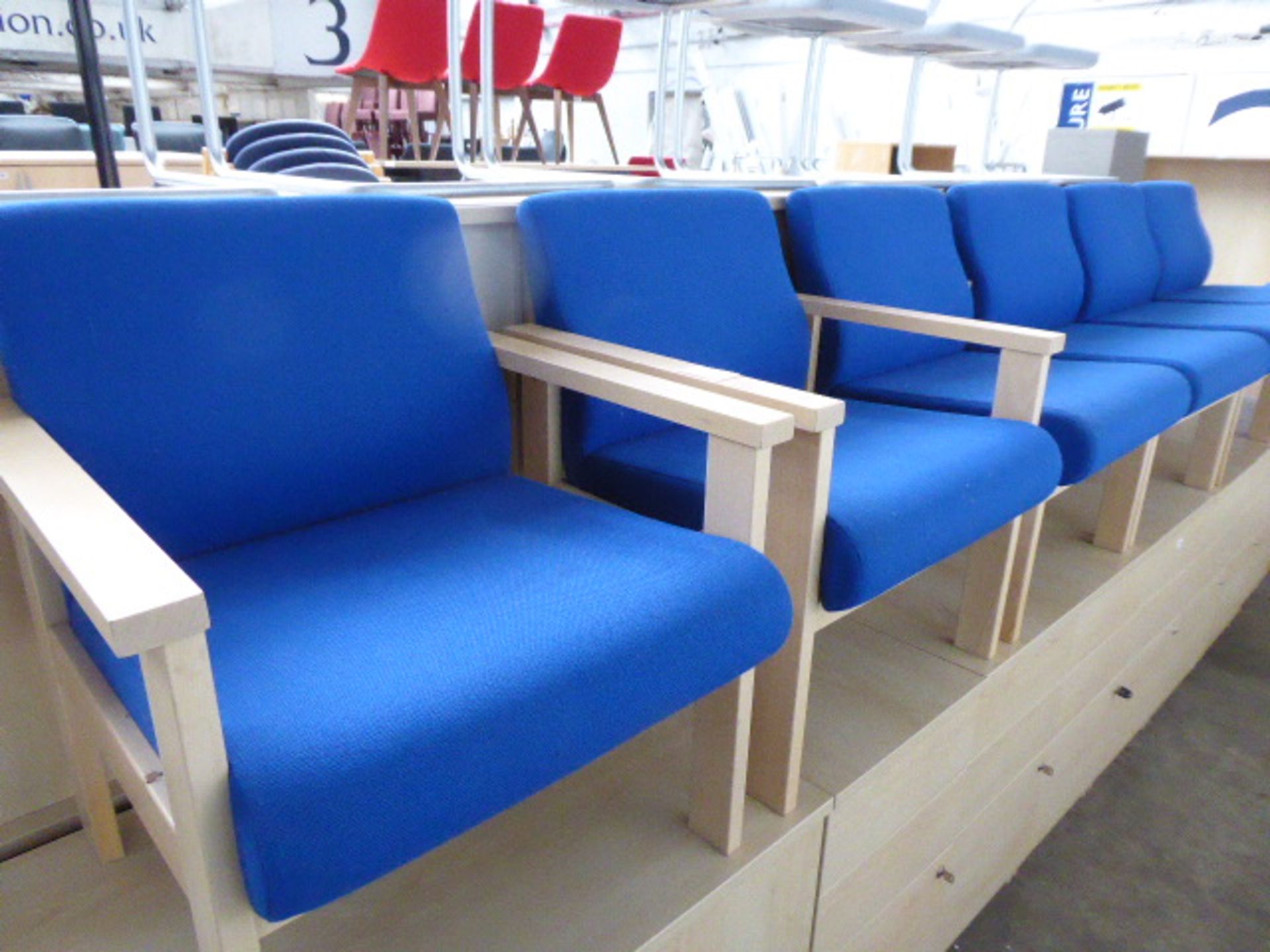 Set of 6 blue cloth reception chairs, 2 with arms