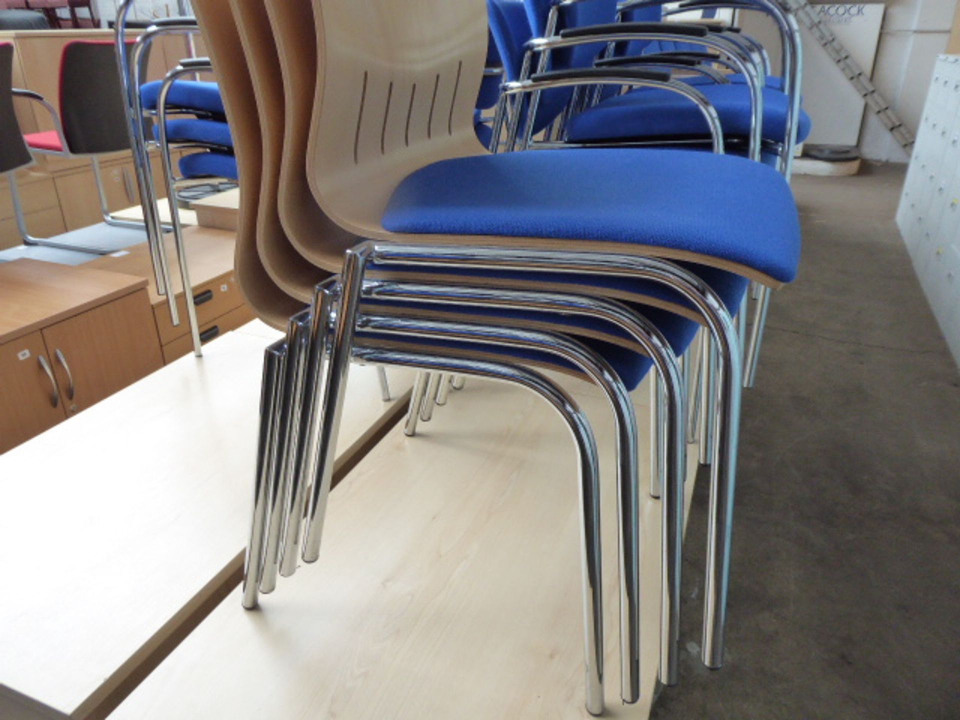 Stack of 4 Senator bentwood and blue cloth chairs