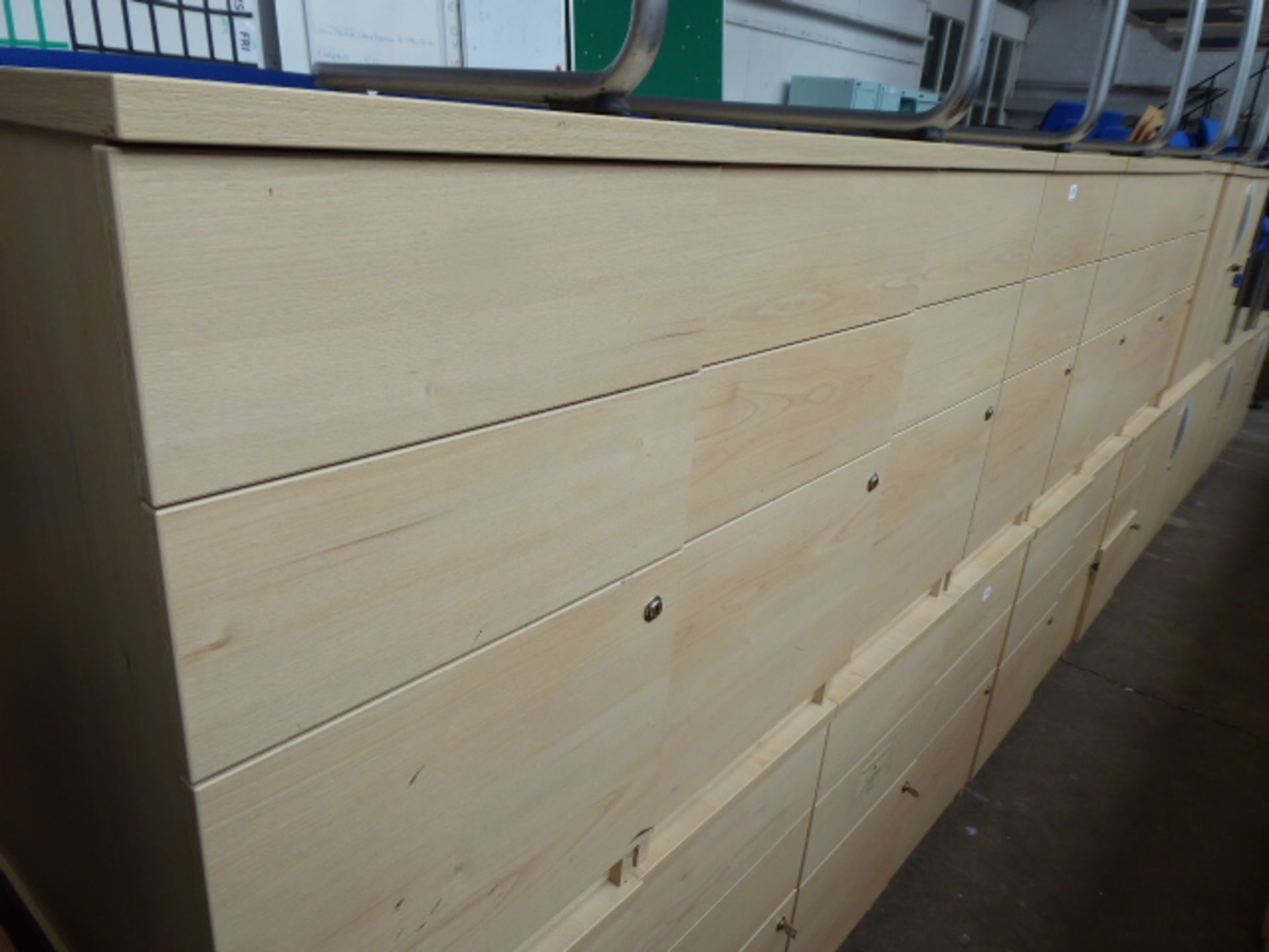 7 maple effect desk height 3 drawer pedestals, 43cm wide