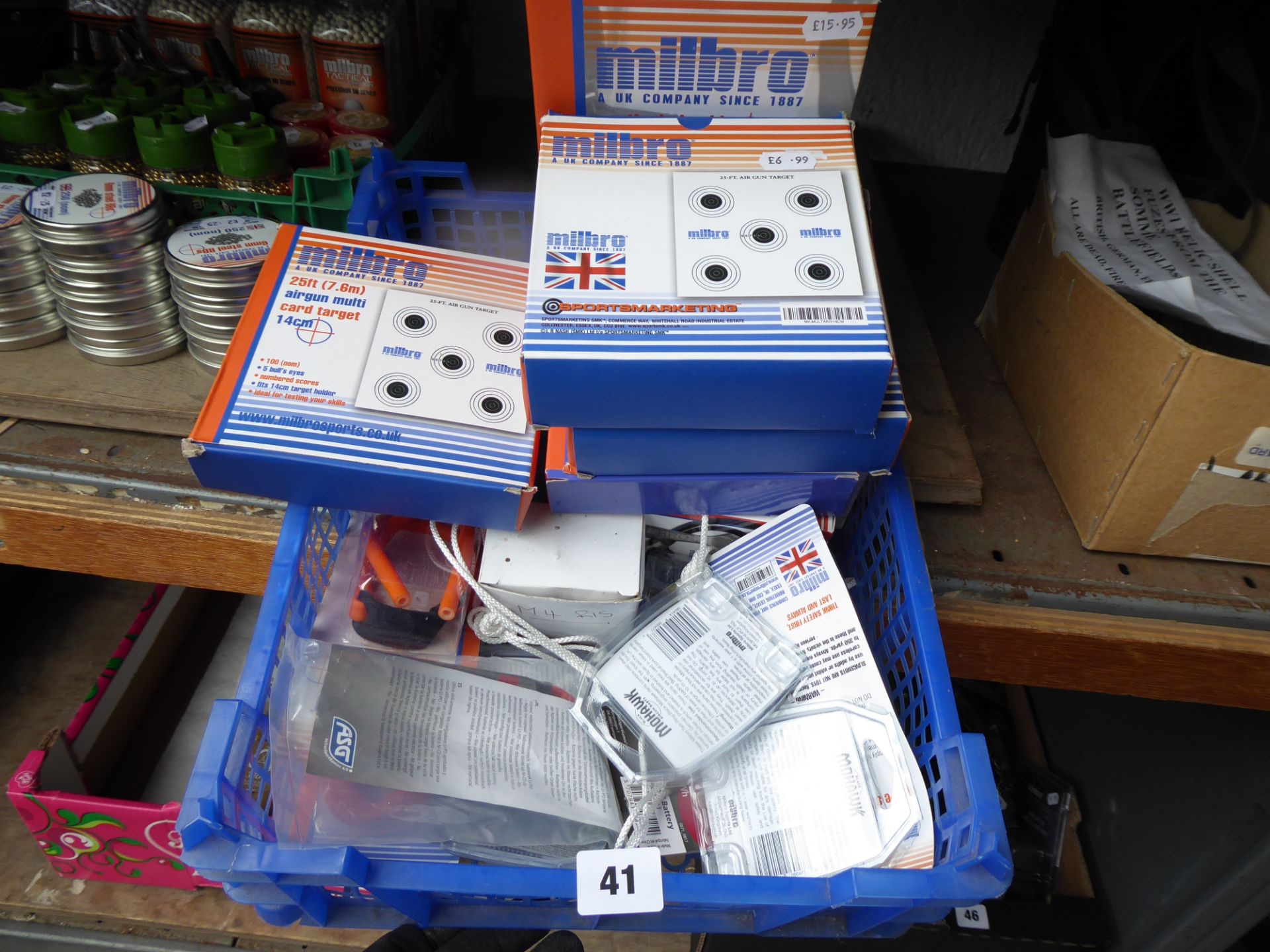 Box of airgun targets, airgun darts, battery packs etc.