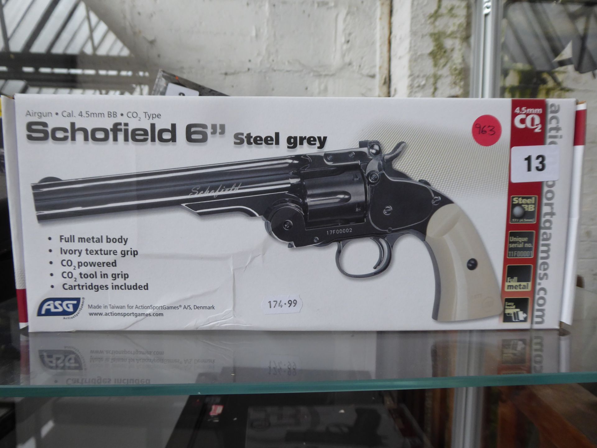 Boxed Schofield C02 .177 metal BB air pistol in steel grey