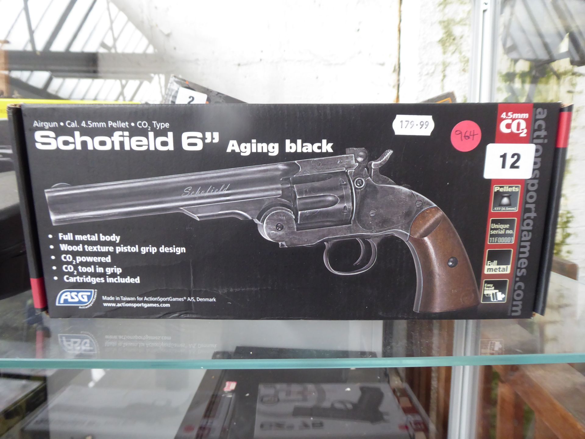 Boxed Schofield C02 .177 pellet air pistol in aging black
