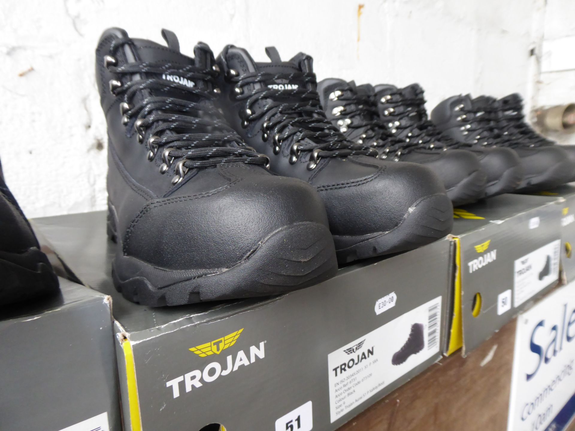 Boxed pair of Trojan safety boots, size 9