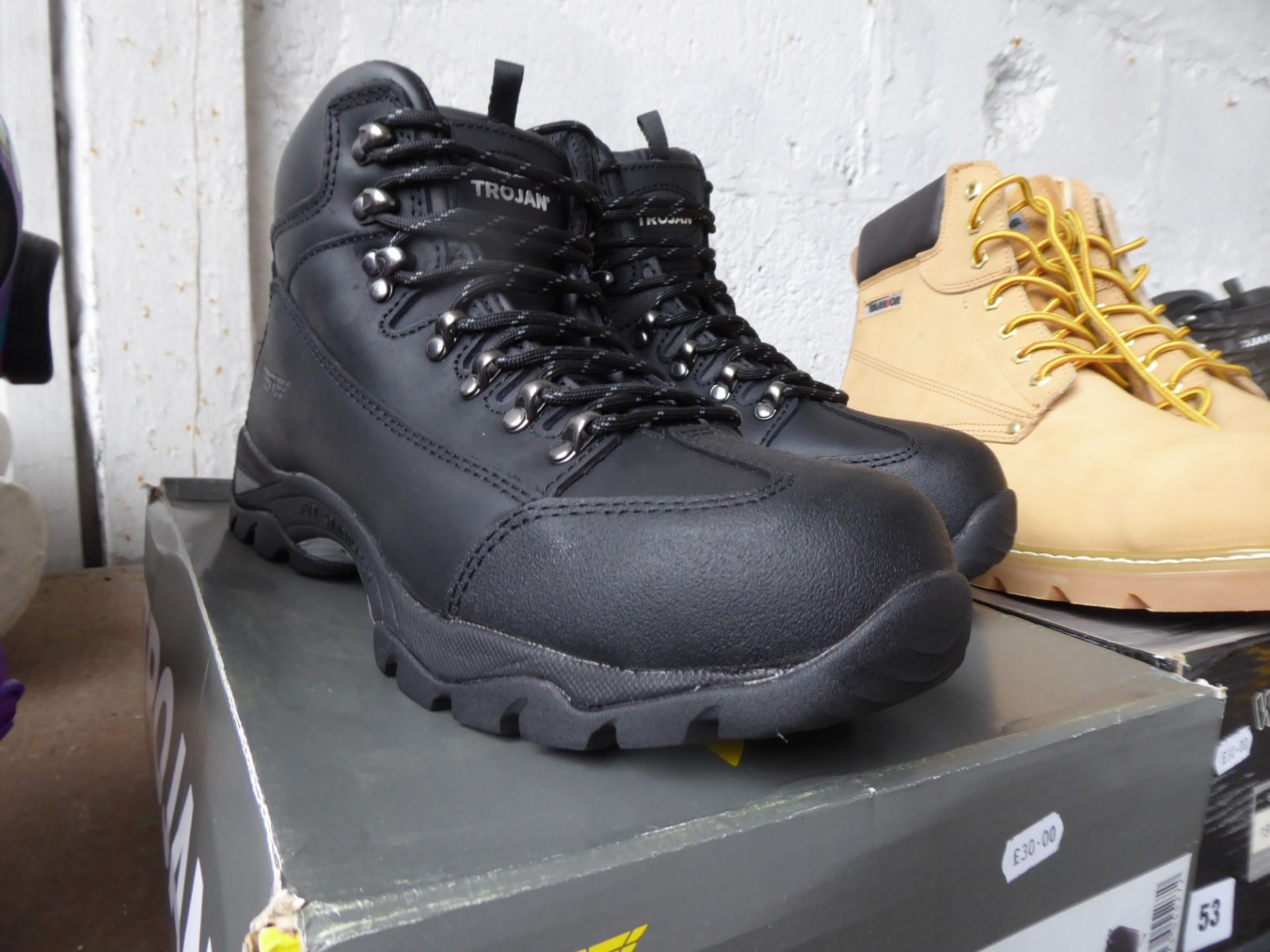 Boxed pair of Trojan safety boots, size 9