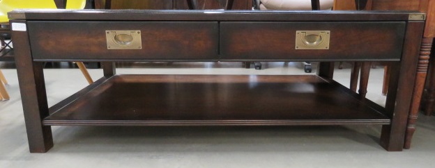 Dark wood coffee table with two drawers and shelf under