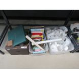 3 boxes containing glassware, reference books, and pottery