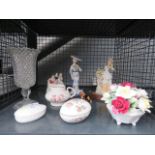 Cage containing ornamental posy, lady figures, trinket bowls, jug, and glass vase
