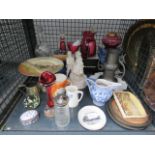 Cage containing paperweight, pill box, vase, jugs, and coloured glass