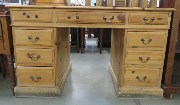 Pine twin pedestal desk with leather surface