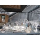 Cage containing crystal and glassware to incl. figures of birds, ornamental pistol, rose vases,