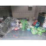 Cage containing coloured glass, paperweights and tumblers