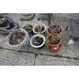 Concrete urn style planter with 3 glazed ceramic pots and 2 terracotta pots