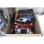 Box containing hand saws, light bulbs, lamp, cased Draper multi tool kit, etc.