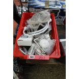 Box of various spares incl. switches, light fittings, shower hose etc.