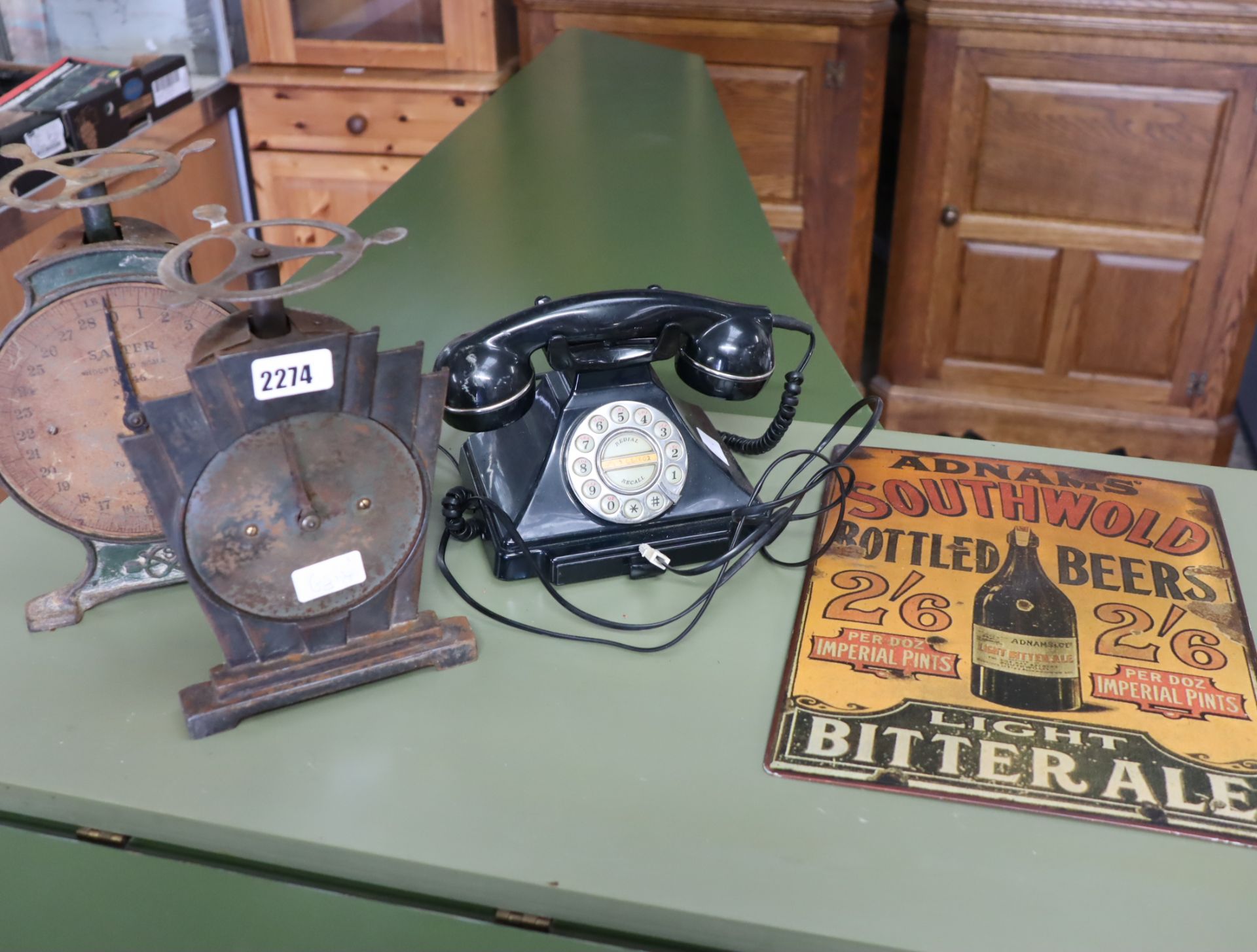 2x sets weighing scales, vintage style telephone and a repro Adnams Southwold bottled beers sign