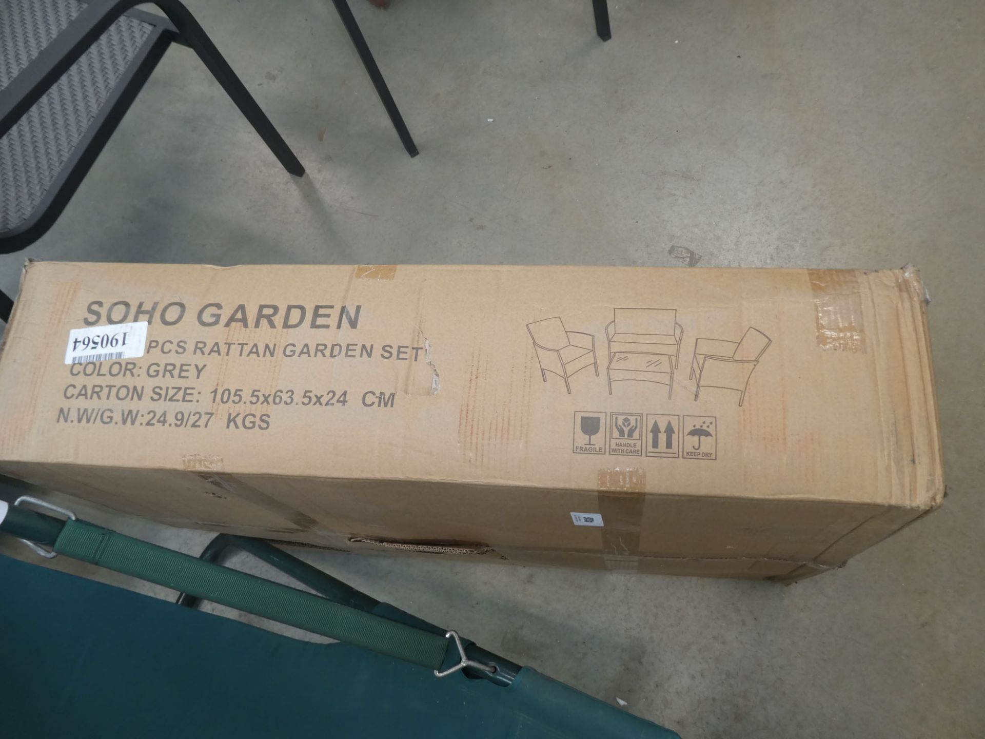 Box of flat pack garden furniture