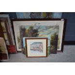 Qty of prints and paintings to include town scape, poppy field after Monet, river with bridge and