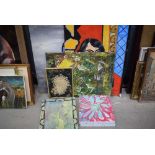 A qty of oils to include still life with flowers, abstract in yellow and green, study of a lady,