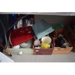 3 boxes containing crockery and collectibles inc. binoculars, large jug, pin cushion, trinket boxes,