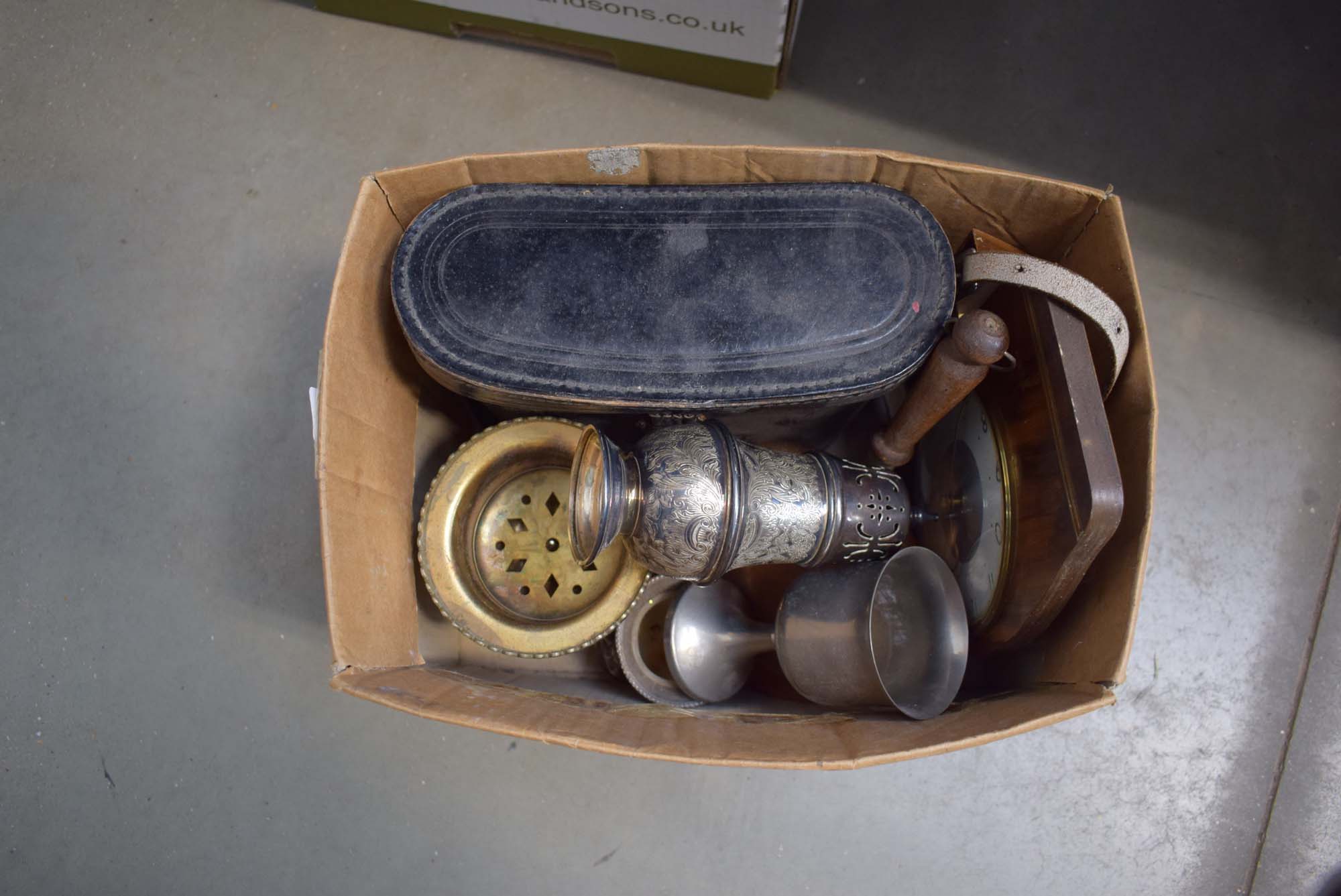 Box containing a pair of binoculars, silver plated sugar shaker plus a goblet, mantle clock and