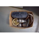 Box containing a pair of binoculars, silver plated sugar shaker plus a goblet, mantle clock and