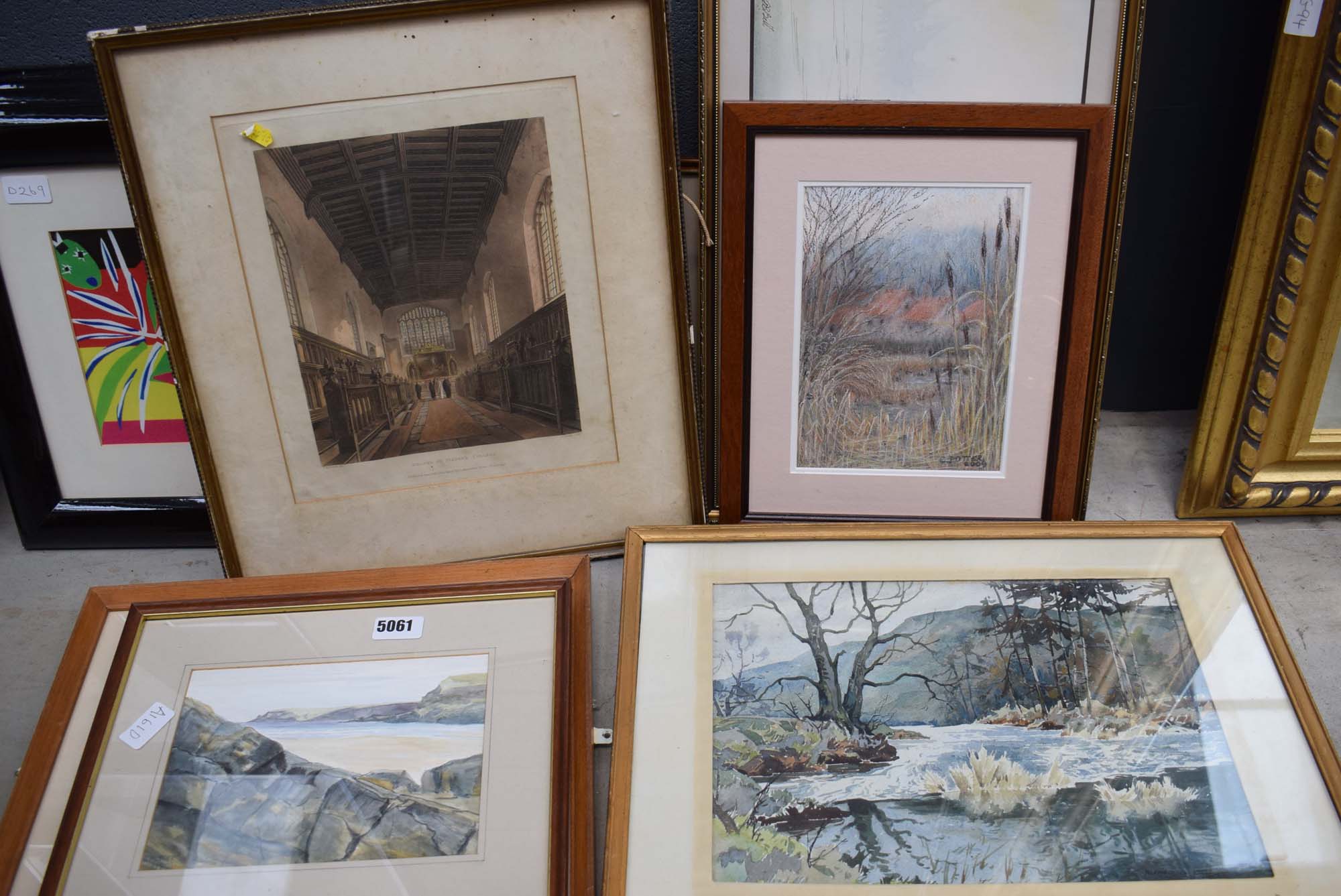 Watercolours and engravings to include coastal scenes, chapel interior plus shipping