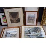 Watercolours and engravings to include coastal scenes, chapel interior plus shipping