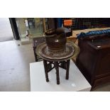 Benares table plus a copper tray and coal scuttle