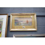 Watercolour of fishing boats at sea with cliffs in the distance