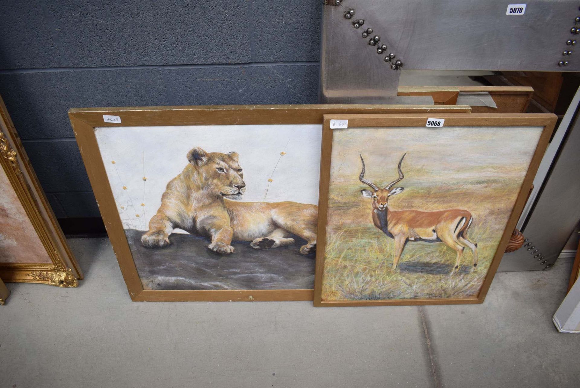 Two pastel drawings of impala ram and lioness