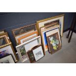 Large quantity of paintings and prints to include still life with flowers, portrait of a