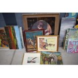Prints and paintings to include Donkeyote, girl reading a book, the fisherman, a pheasant, plus
