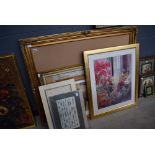 Large gold picture frame plus a large quantity of prints to include biplanes, house exterior,