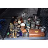 Cage containing pewter ale mugs, silver plated jugs, hip flask, tray, toast rack and trinkets